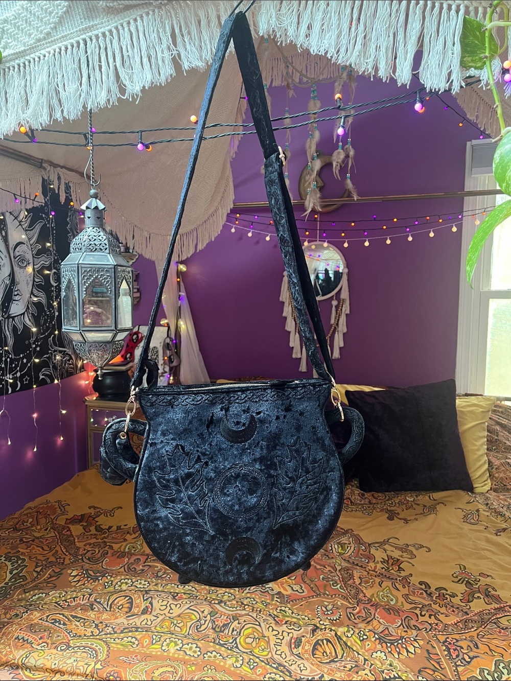 Witchy Goth black crushed velvet cauldron purse bag